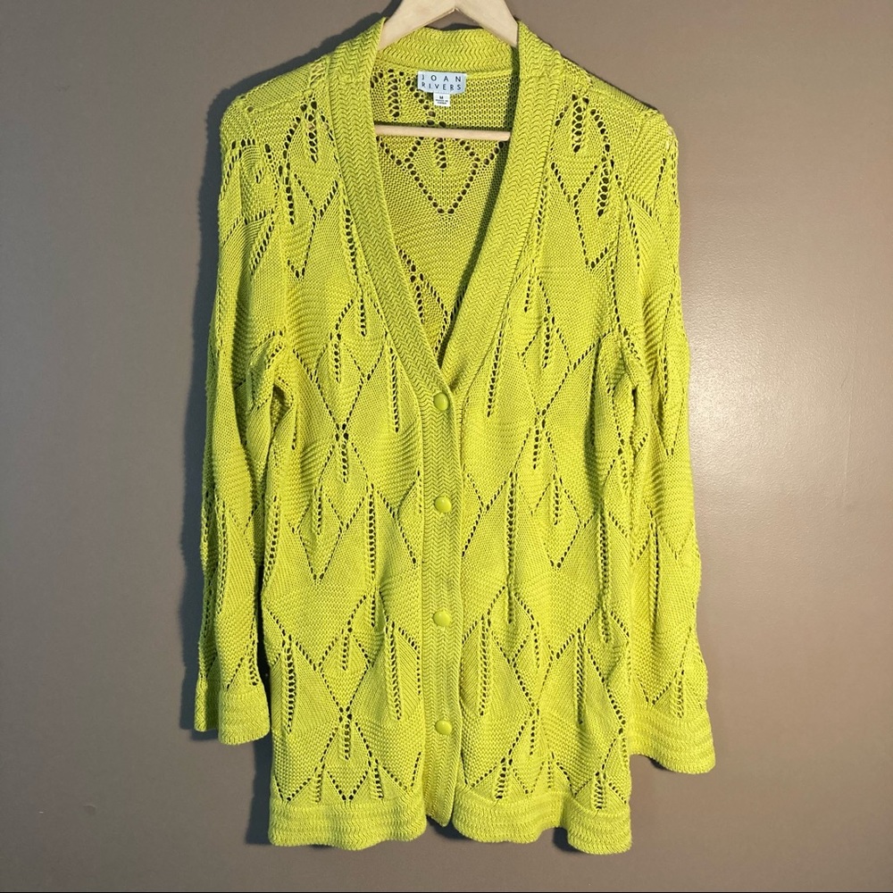 Joan Rivers green crochet cardigan